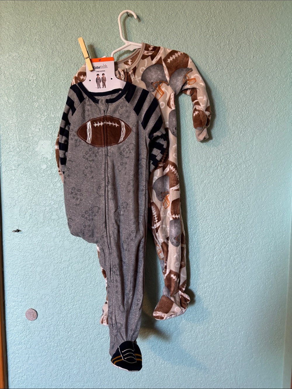 Football Print Kids One Piece Footie Fleece Pajamas, set of two, 2T - like new